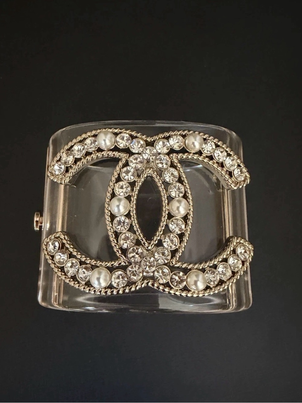 Chanel clear Crystal & Pearl Logo Cuff Bracelet - Clear and Gold